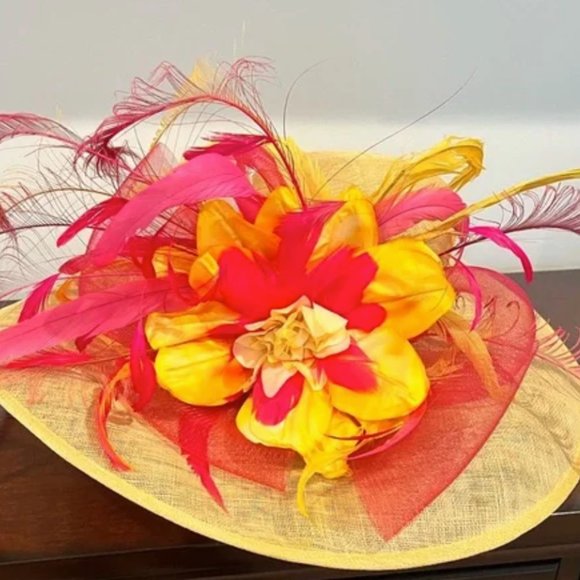 Dees Accessories - 150th Kentucky Derby Hat Pink & Yellow -Ladies church Dees